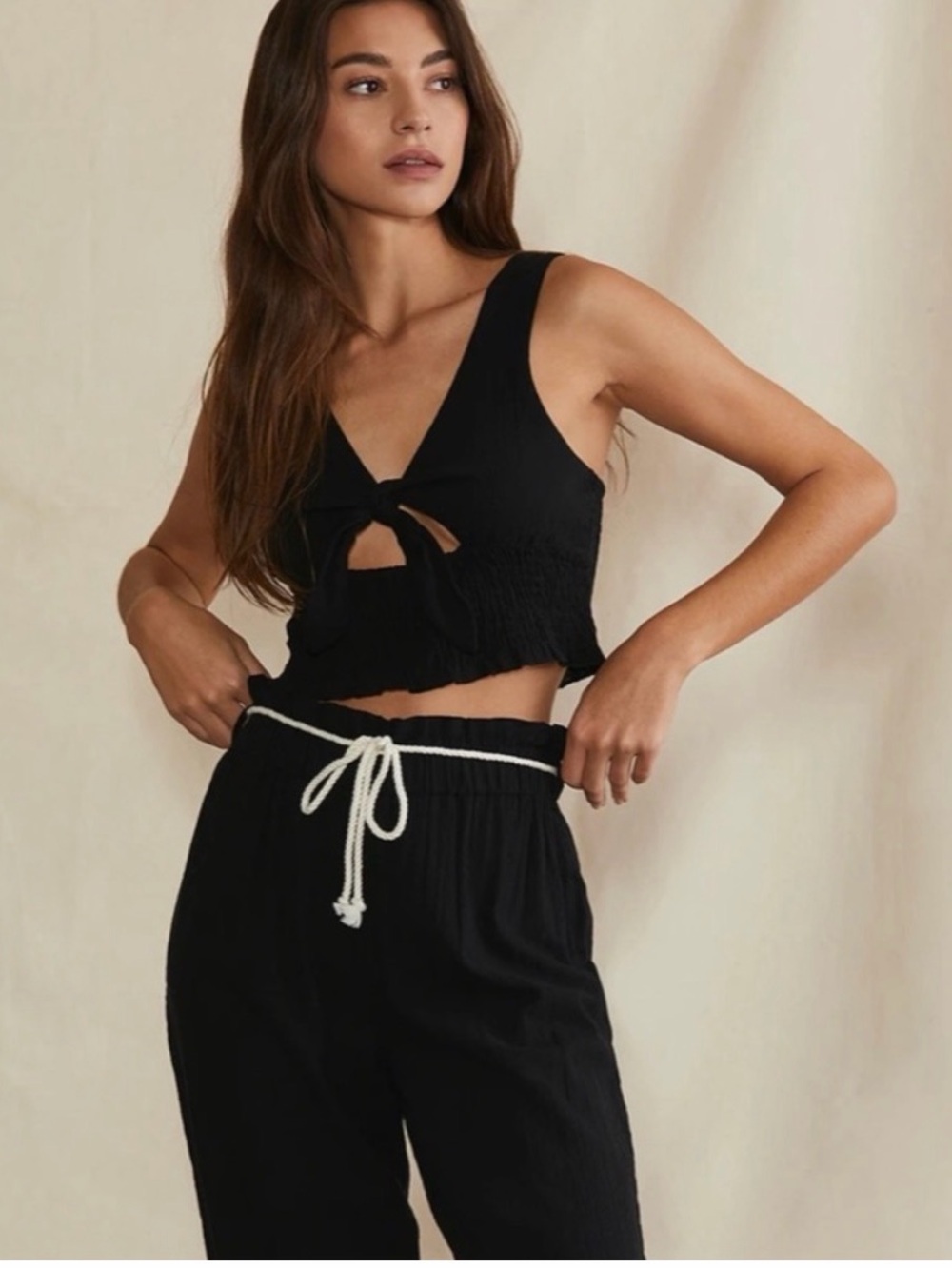 NWT Onia Black Smocked Cropped Tank with Tie Front